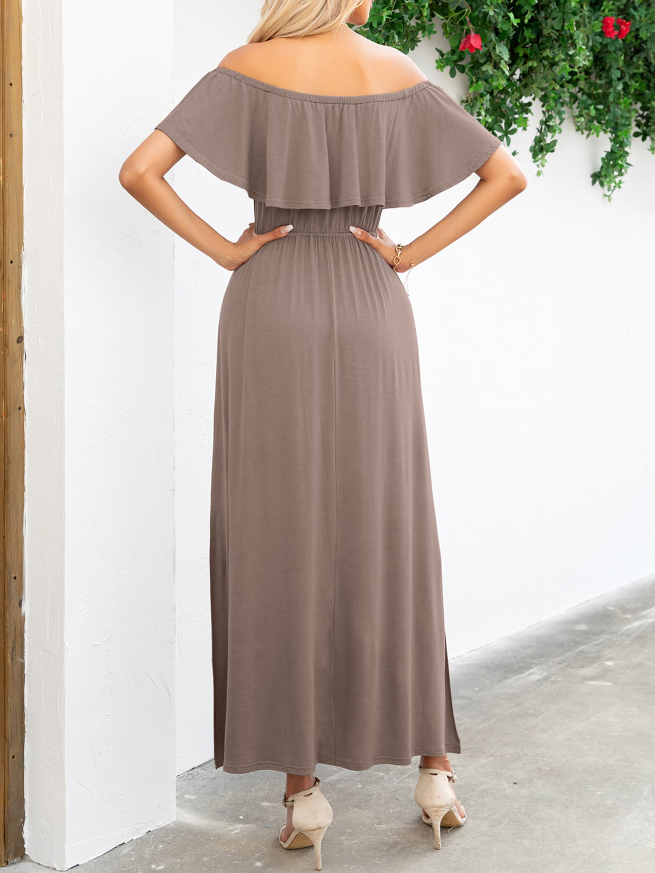 Off-Shoulder Slit Maxi Dress - Premium Maxi Dress from Trendsi - Just $49.99! Shop now at Handbags Specialist Headquarter
