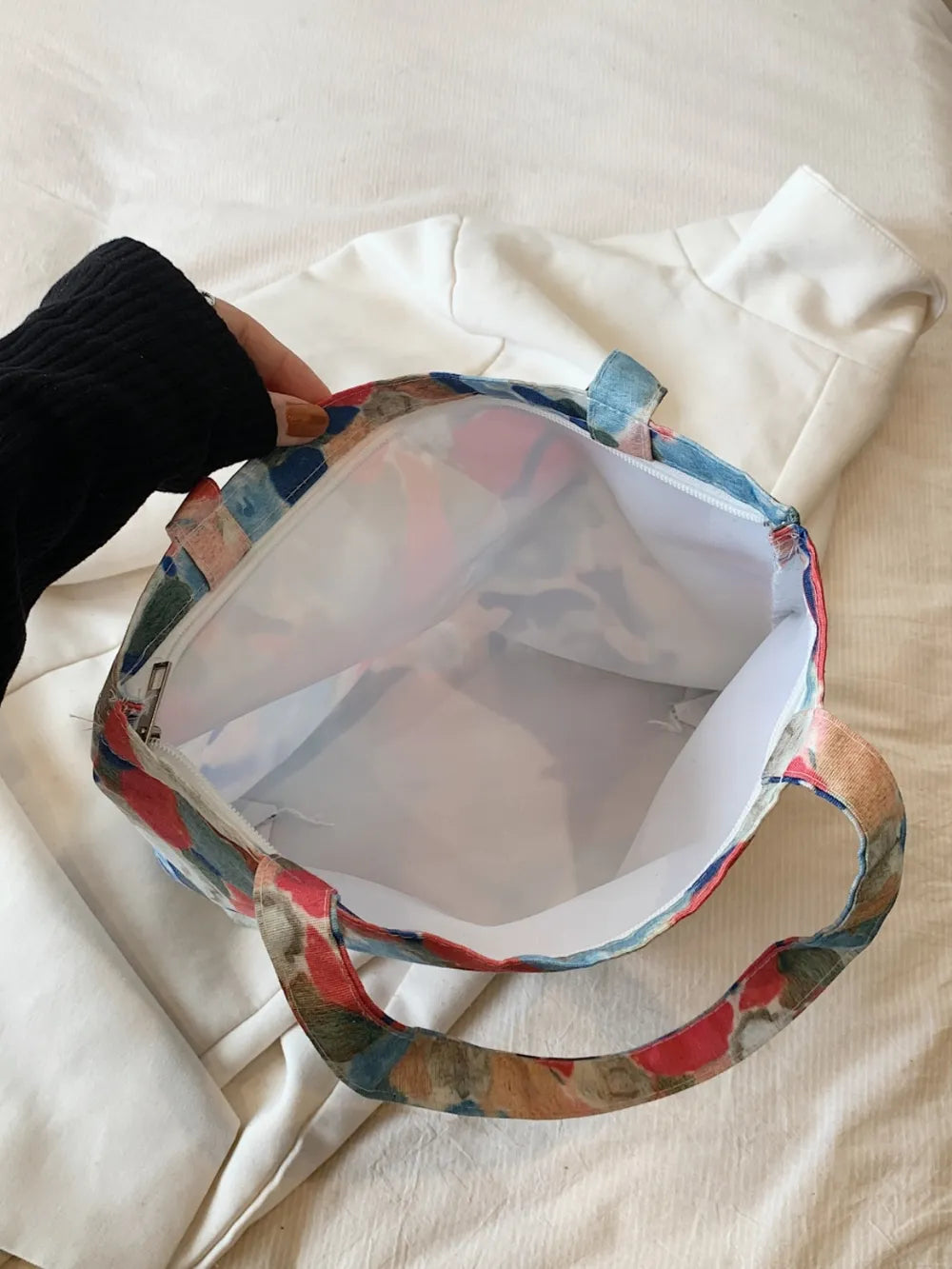 Printed Canvas Handbag with Zipper - Premium Handbags from Trendsi - Just $21.99! Shop now at Handbags Specialist Headquarter