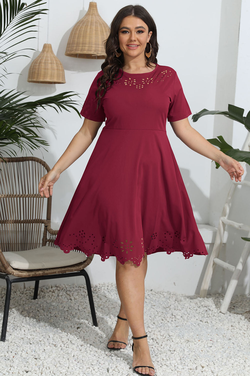 Plus Size Round Neck Openwork Dress - Premium Dresses from Trendsi - Just $30.99! Shop now at Handbags Specialist Headquarter