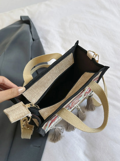 Vintage Embroidered Tassel Handbag with Canvas Strap - Premium handbags from Trendsi - Just $18.99! Shop now at Handbags Specialist Headquarter