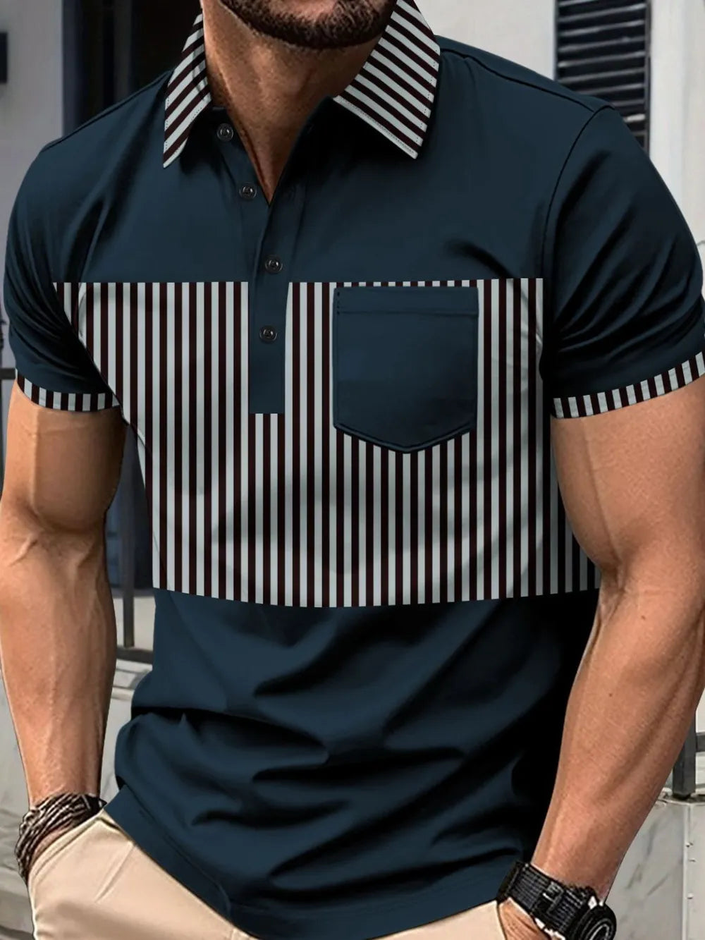 Men's Full Size Collared Contrast Striped Polo Plus Size - Premium Men's Polo shirt from Trendsi - Just $29.99! Shop now at Handbags Specialist Headquarter