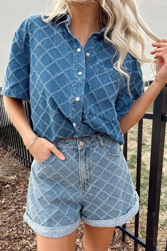 Pocketed Collared Neck Short Sleeve Denim Shirt - Premium Women / Jeans & Denim from Trendsi - Just $40.86! Shop now at Handbags Specialist Headquarter