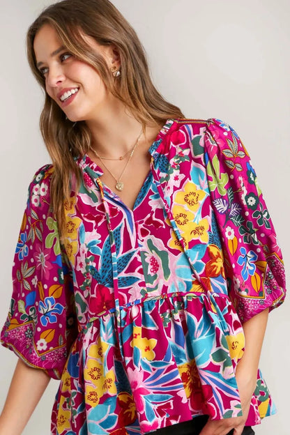 Umgee Full Size Floral Print Tie Neck Peplum Blouse Plus Size - Premium Dresses from Trendsi - Just $35.99! Shop now at Handbags Specialist Headquarter