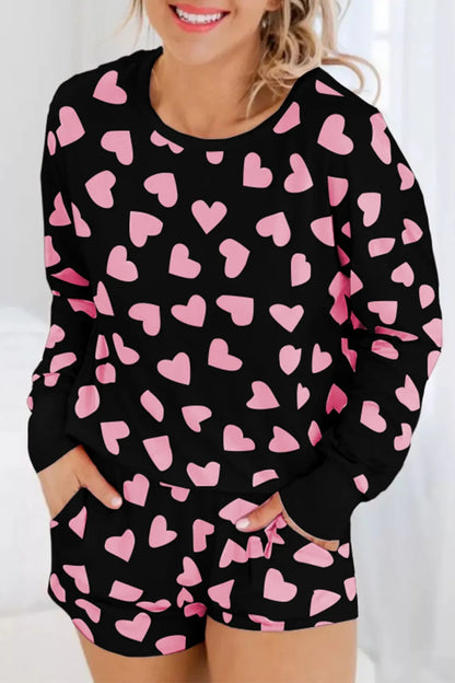 Heart Print Long Sleeve Top and Shorts Lounge Set - Premium Sleepwear from Trendsi - Just $37.99! Shop now at Handbags Specialist Headquarter