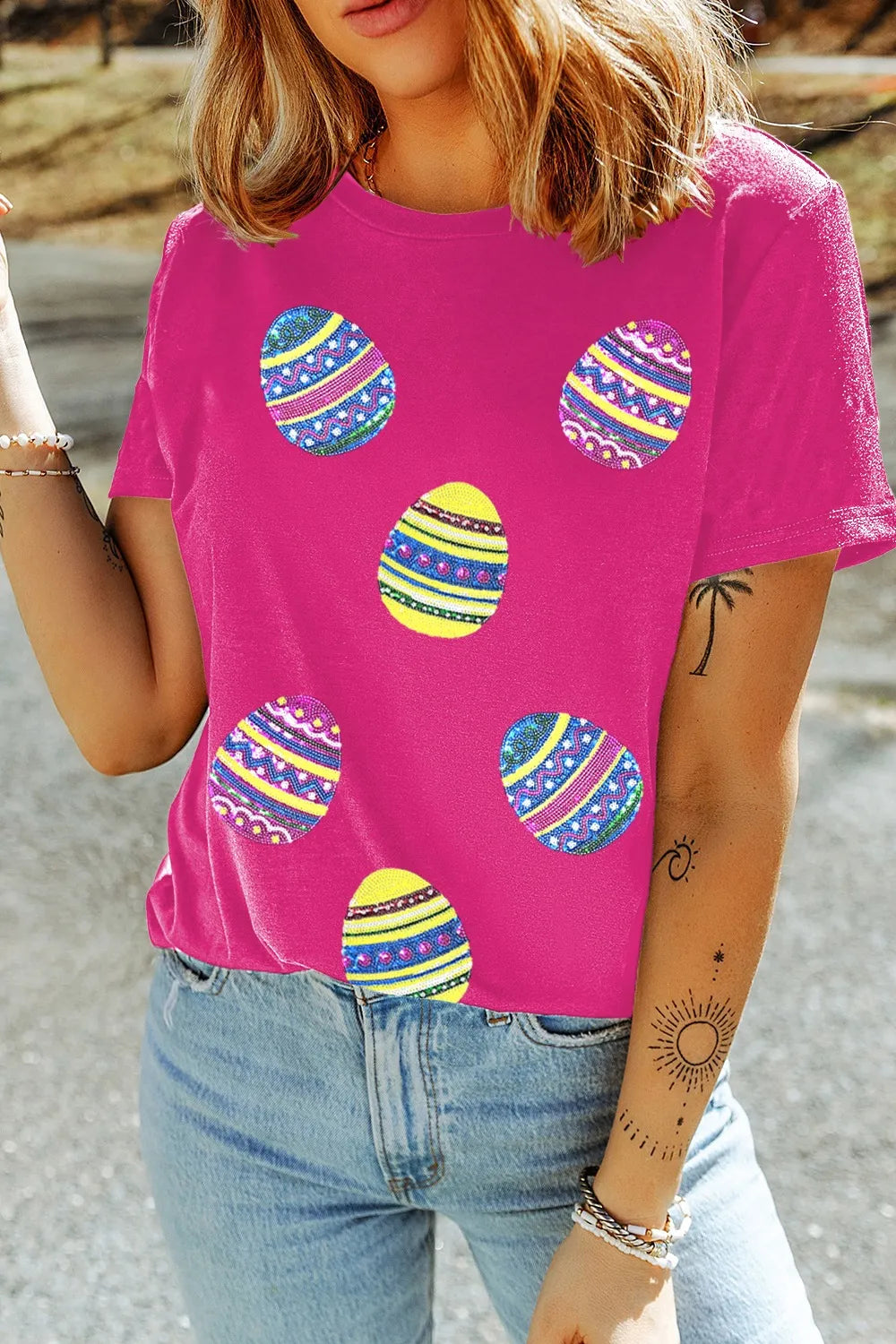 Sequin Easter Egg Short Sleeve T-Shirt - Premium Tops from Trendsi - Just $31.12! Shop now at Handbags Specialist Headquarter