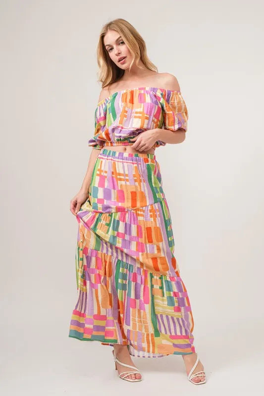 And The Why Asymmetric Geo Printed Tiered Maxi Skirt - Premium Skirts from Trendsi - Just $47.99! Shop now at Handbags Specialist Headquarter