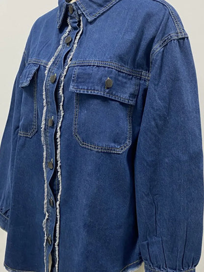 Pocketed Collared Neck Long Sleeve Denim Shirt - Premium Women / Jeans & Denim from Trendsi - Just $38.26! Shop now at Handbags Specialist Headquarter