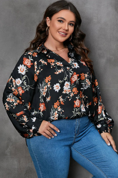 Plus Size Printed Johnny Collar Long Sleeve Blouse - Premium Plus Size Shirts from Trendsi - Just $29! Shop now at Handbags Specialist Headquarter