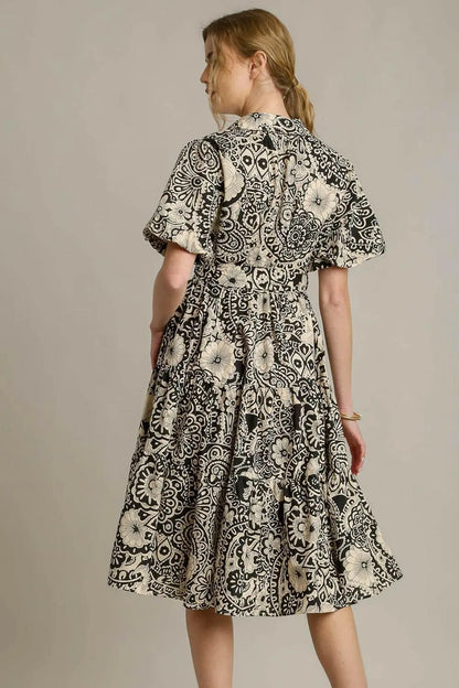 Umgee Full Size Mixed Print A-Line Tiered Midi Dress Plus Size.