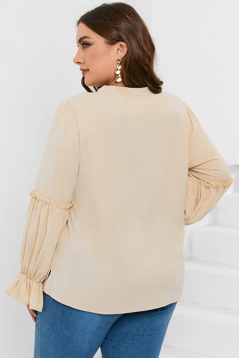 Plus Size Ruffled Tie Neck Flounce Sleeve Blouse - Premium Plus Size Shirts from Trendsi - Just $27! Shop now at Handbags Specialist Headquarter