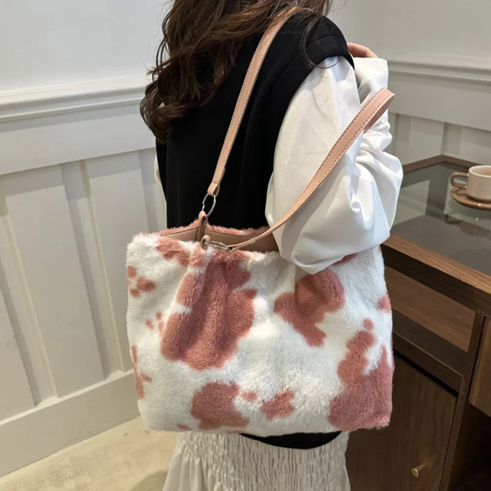 Cow Print Furry Tote Bag - Premium Tote Bag from Trendsi - Just $39.99! Shop now at Handbags Specialist Headquarter