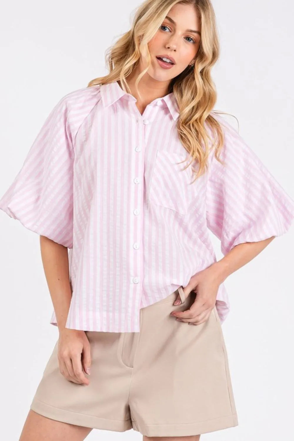 Mittoshop Button Down Striped Puff Sleeve Shirt - Premium Women's Down Shirt Tops from Trendsi - Just $39.18! Shop now at Handbags Specialist Headquarter