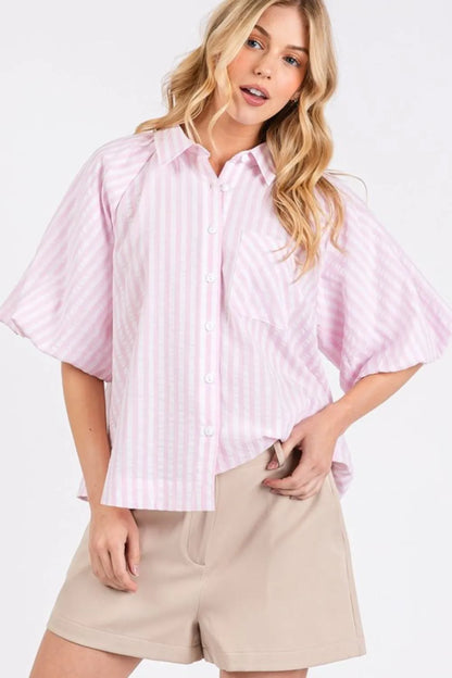 Mittoshop Button Down Striped Puff Sleeve Shirt - Premium Women's Down Shirt Tops from Trendsi - Just $39.18! Shop now at Handbags Specialist Headquarter