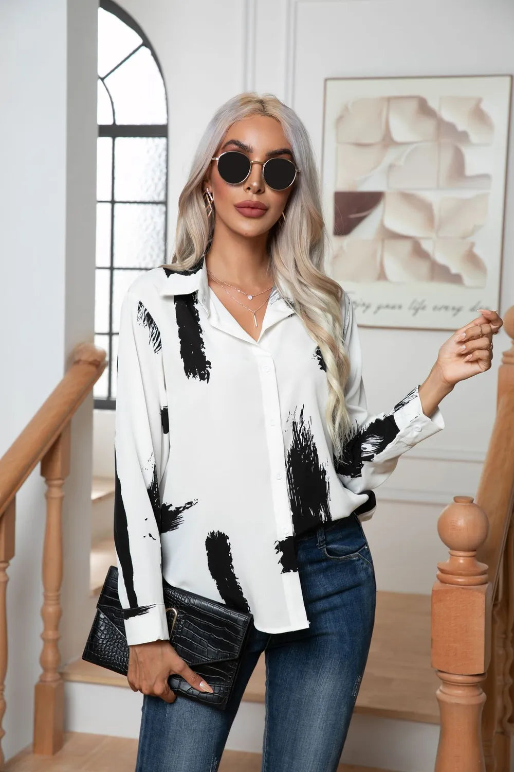 Button Down Printed Long Sleeve Shirt - Premium Women's Down Shirt Tops from Trendsi - Just $20.78! Shop now at Handbags Specialist Headquarter