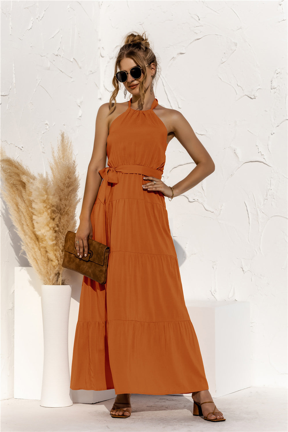 Halter Neck Tie Waist Tiered Maxi Dress - Premium Maxi Dress from Trendsi - Just $35.99! Shop now at Handbags Specialist Headquarter