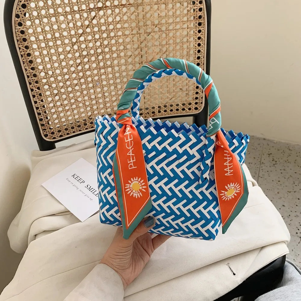 Contrast Woven Handbag with Ribbon - Premium Tote Bag from Trendsi - Just $39.99! Shop now at Handbags Specialist Headquarter