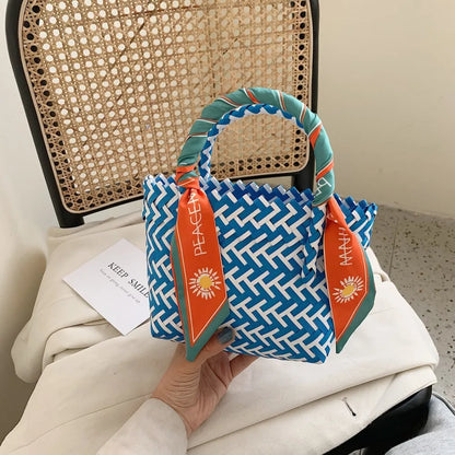 Contrast Woven Handbag with Ribbon - Premium Tote Bag from Trendsi - Just $39.99! Shop now at Handbags Specialist Headquarter