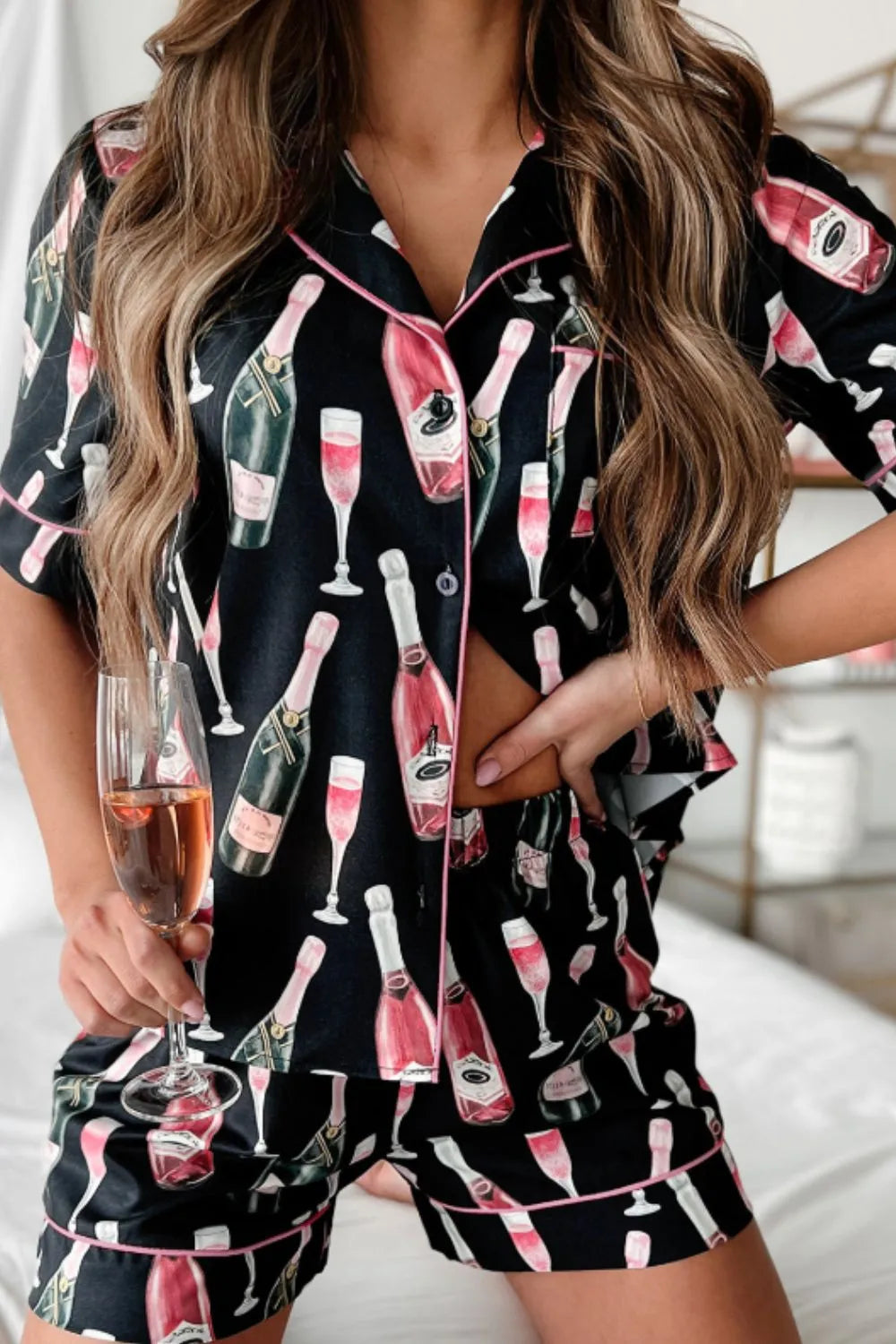 Champagne Print Short Sleeve Top and Shorts Set - Premium Sleepwear from Trendsi - Just $56.99! Shop now at Handbags Specialist Headquarter