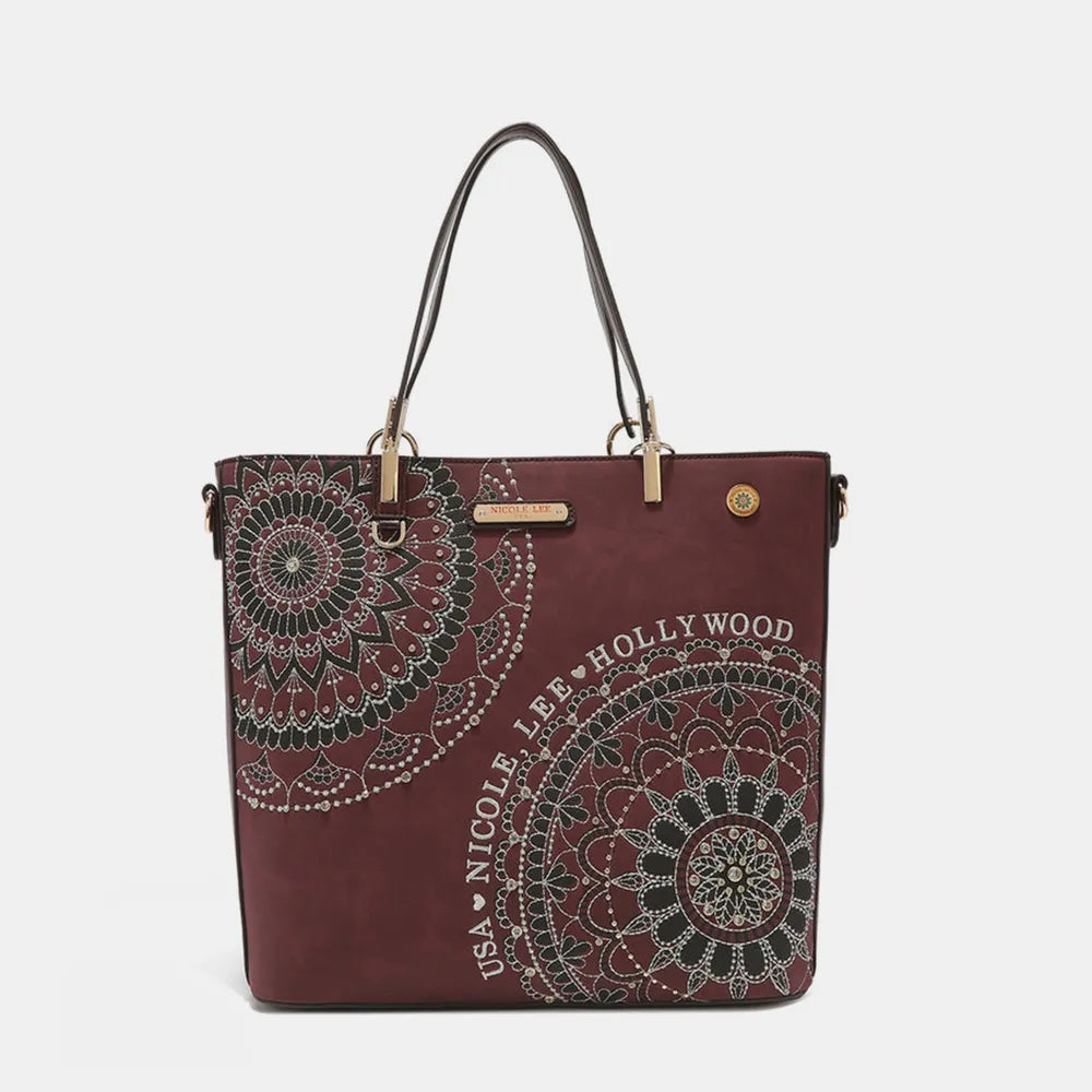 Nicole Lee USA Metallic Stitching Embroidery Inlaid Rhinestone Tote Bag - Premium Tote Bag from Trendsi - Just $64.99! Shop now at Handbags Specialist Headquarter