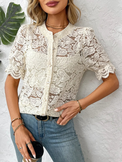 Button Down Half Sleeve Lace Shirt - Premium Women's Down Shirt Tops from Trendsi - Just $27.74! Shop now at Handbags Specialist Headquarter
