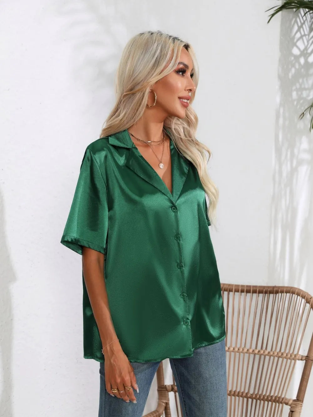 Button Down Short Sleeve Shirt - Premium Women's Down Shirt Tops from Trendsi - Just $19.48! Shop now at Handbags Specialist Headquarter