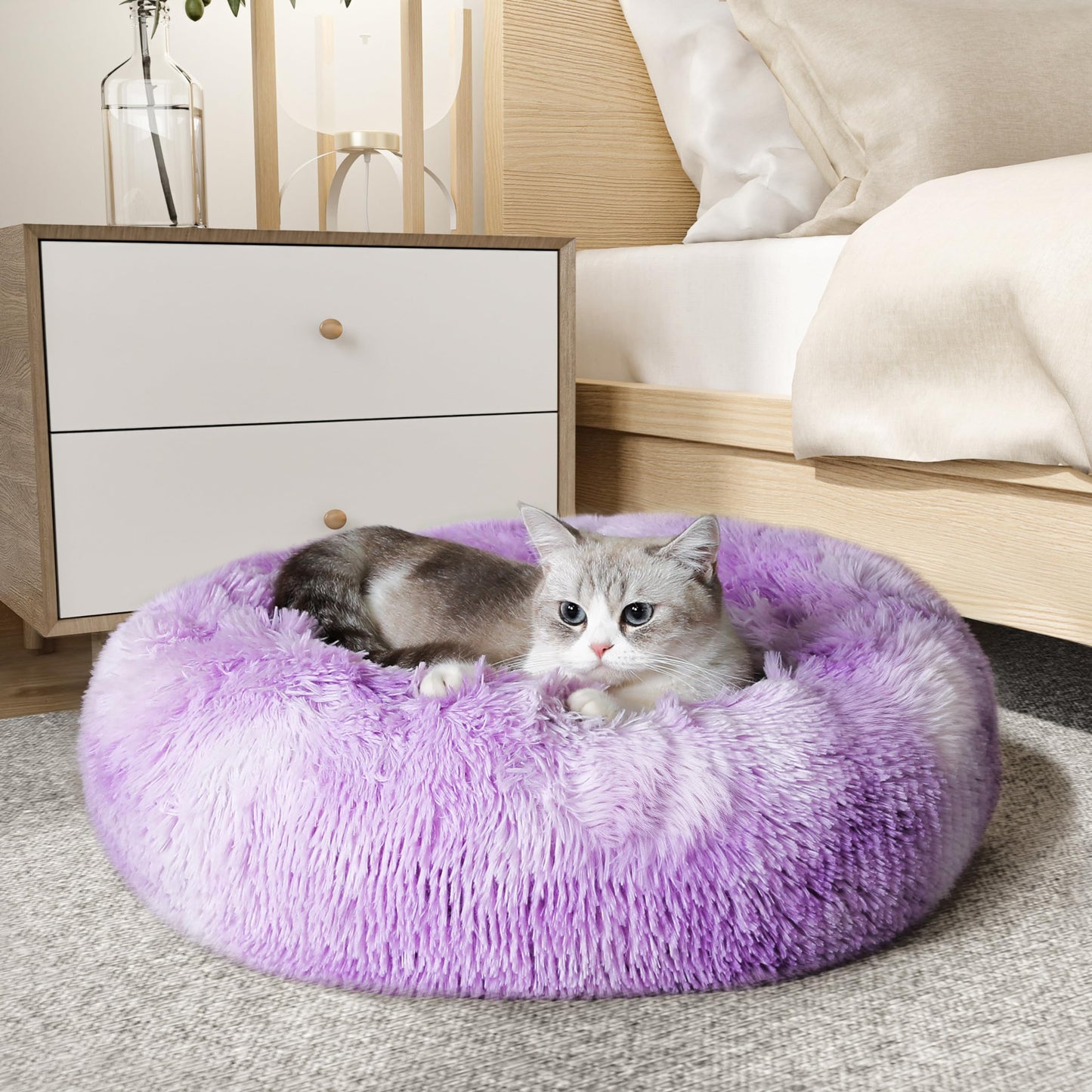 PawCozy Nest: Plush Anti-Anxiety Pet Bed, Light Grey