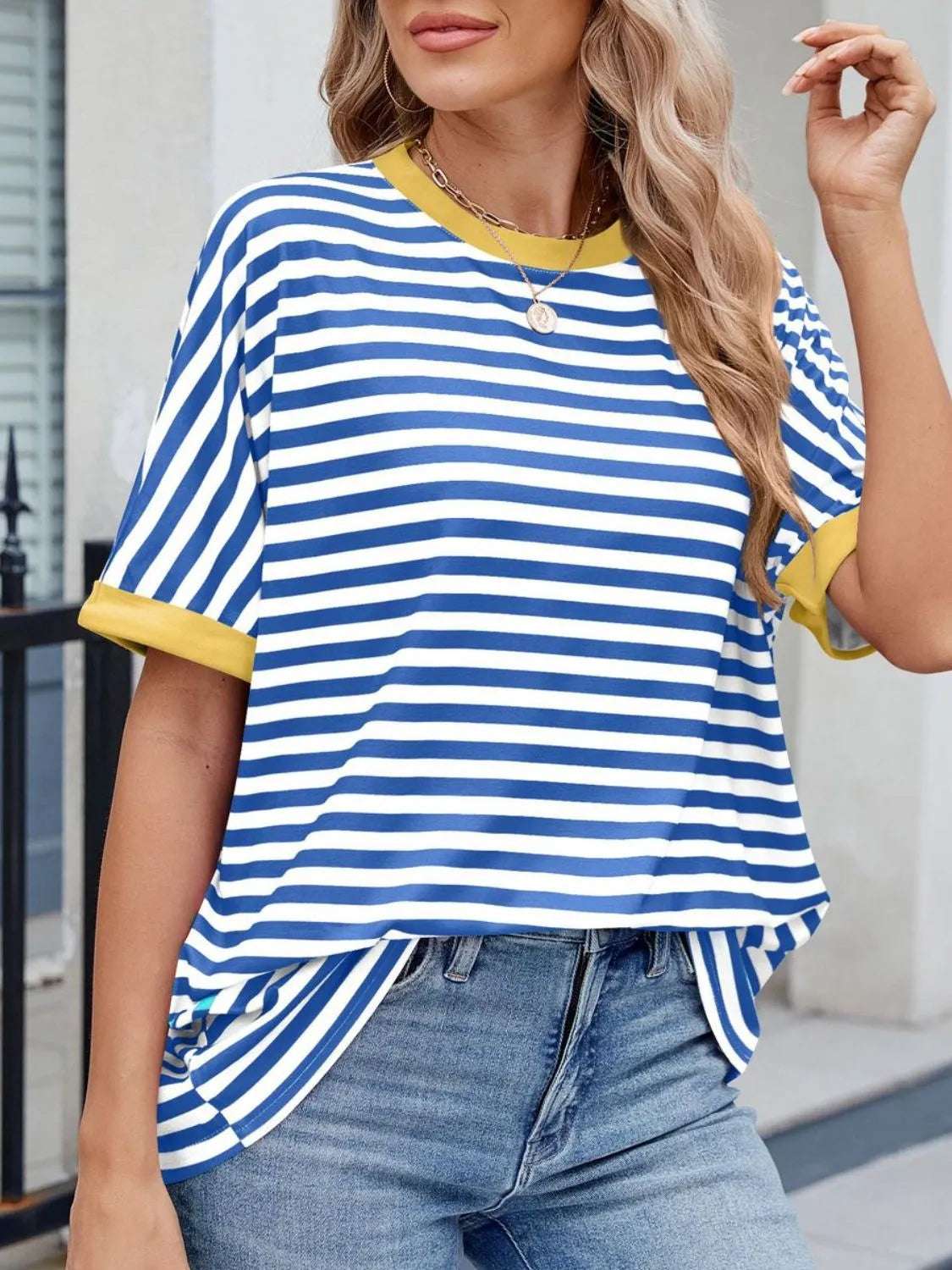 Striped Round Neck Half Sleeve T-Shirt - Premium Women / Tops from Trendsi - Just $19.34! Shop now at Handbags Specialist Headquarter