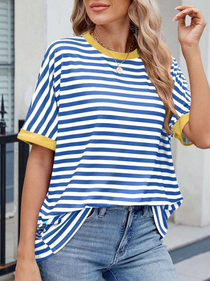 Striped Round Neck Half Sleeve T-Shirt - Premium Women / Tops from Trendsi - Just $19.34! Shop now at Handbags Specialist Headquarter