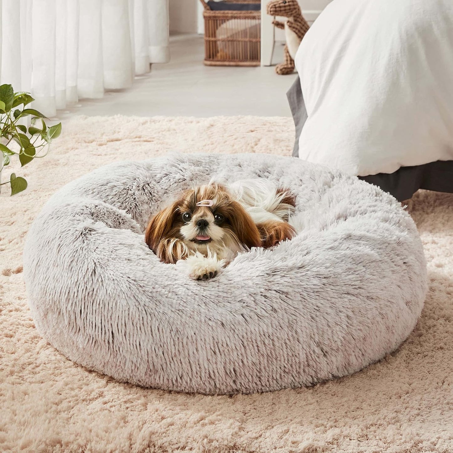 PawCozy Nest: Plush Anti-Anxiety Pet Bed, Light Grey