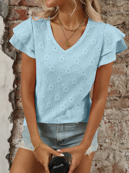 Eyelet V-Neck Ruffled Cap Sleeve Top - Premium Tops from Trendsi - Just $20.68! Shop now at Handbags Specialist Headquarter