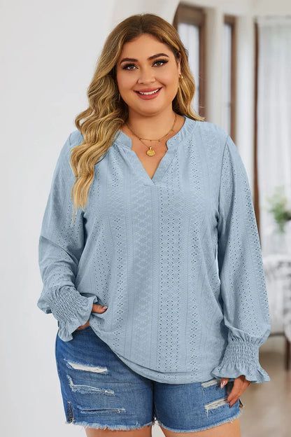 Plus Size Eyelet Notched Flounce Sleeve Blouse - Premium Plus Size Shirts from Trendsi - Just $27! Shop now at Handbags Specialist Headquarter
