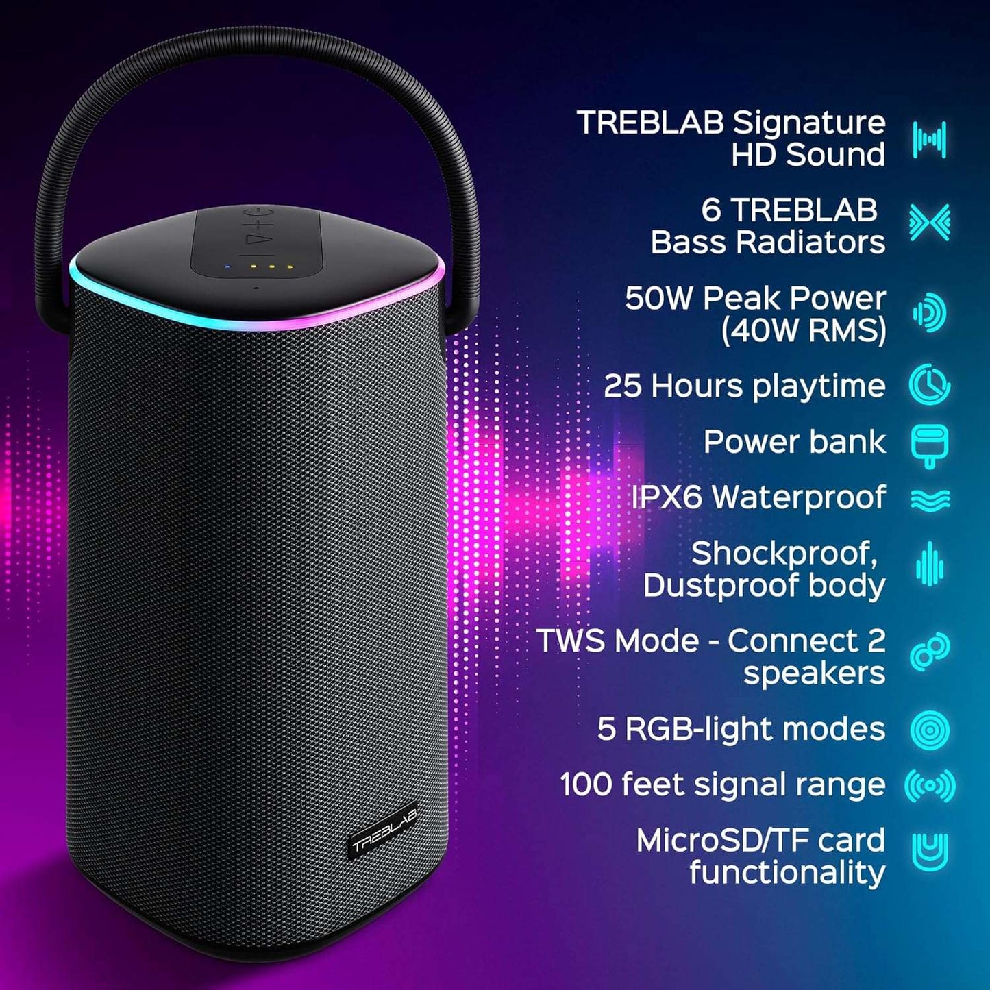 TREBLAB BassBoost Bluetooth Speaker with RGB Glow