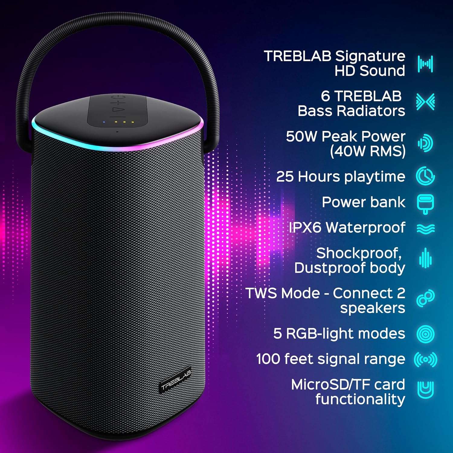 TREBLAB BassBoost Bluetooth Speaker with RGB Glow