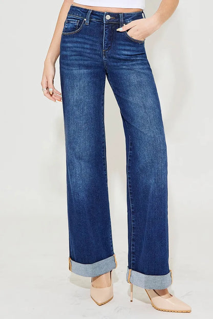 RISEN Full Size Tummy Control High Rise Wide Leg Cuffed Jeans Plus Size - Premium Women / Jeans & Denim from Trendsi - Just $70.99! Shop now at Handbags Specialist Headquarter