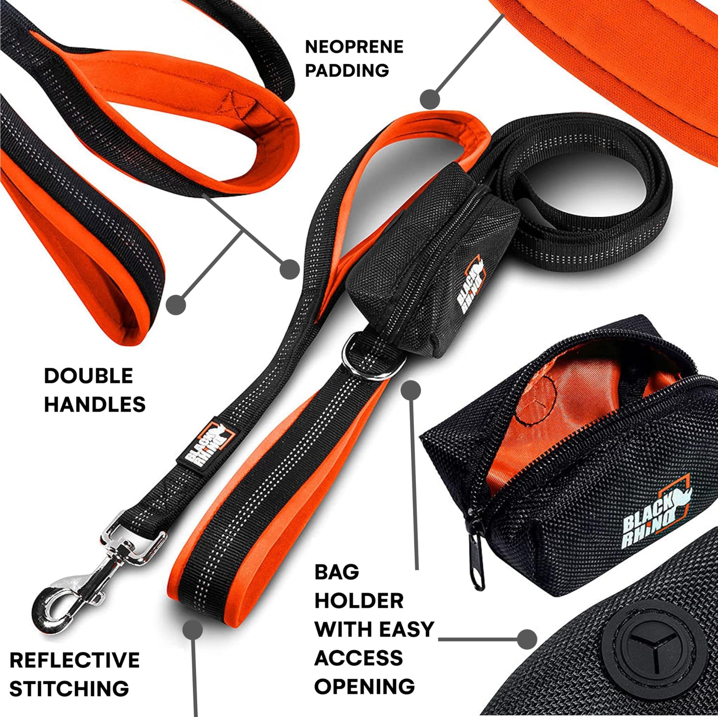 RhinoGrip Aqua: Double Handle Reflective Dog Leash