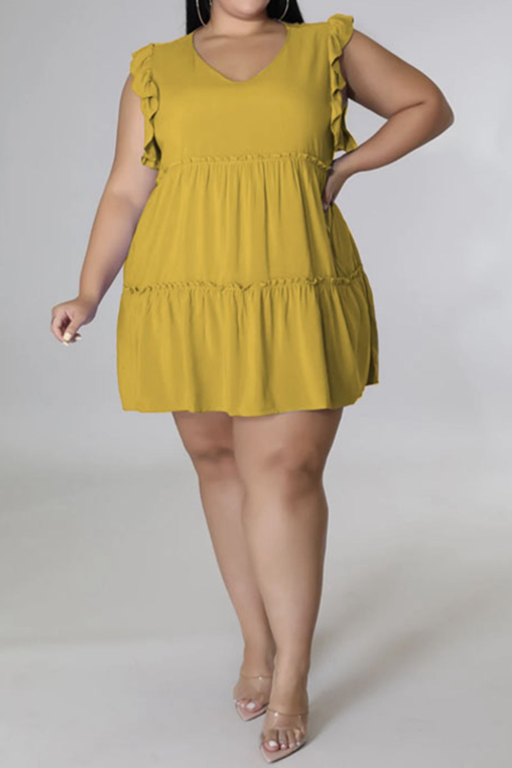 Plus Size V-Neck Frill Trim Mini Dress - Premium Dresses from Trendsi - Just $36.99! Shop now at Handbags Specialist Headquarter