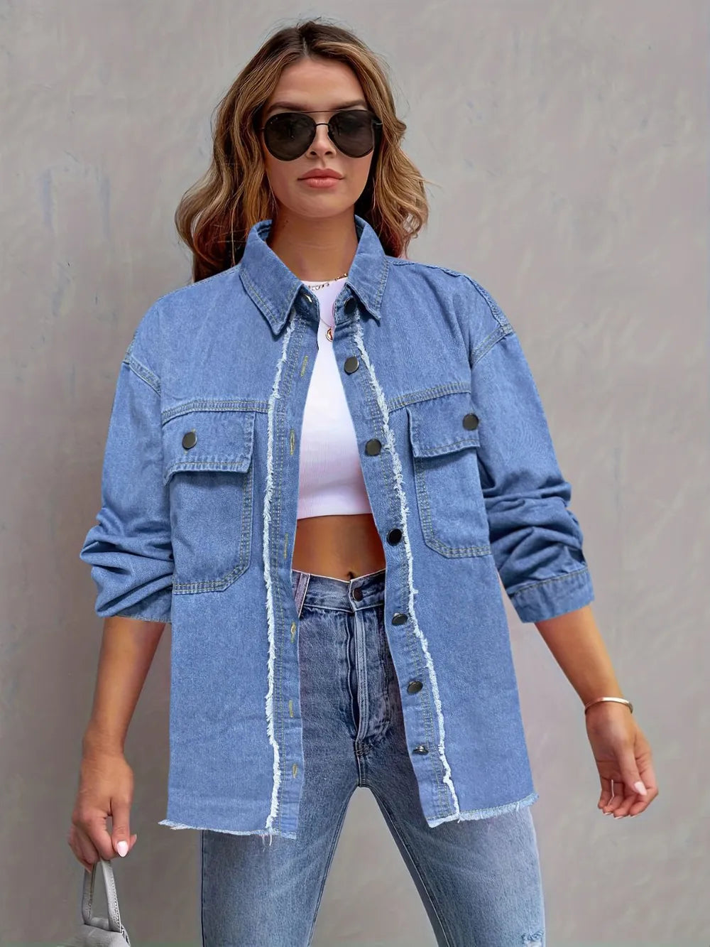 Pocketed Collared Neck Long Sleeve Denim Shirt - Premium Women / Jeans & Denim from Trendsi - Just $38.26! Shop now at Handbags Specialist Headquarter
