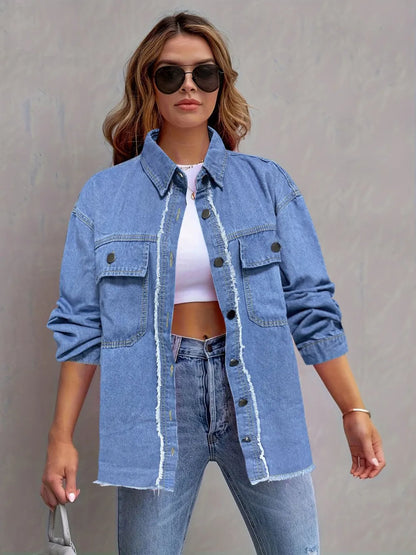 Pocketed Collared Neck Long Sleeve Denim Shirt - Premium Women / Jeans & Denim from Trendsi - Just $38.26! Shop now at Handbags Specialist Headquarter