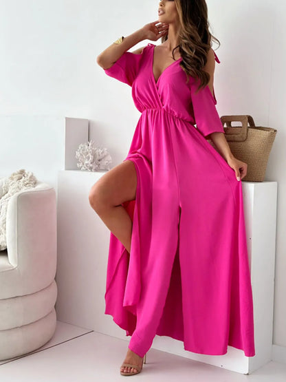 Tied Shoulder Slit Maxi Dress - Premium Maxi Dress from Trendsi - Just $34.99! Shop now at Handbags Specialist Headquarter