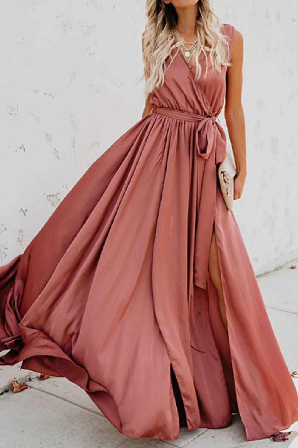Surplice Tie Waist Maxi Dress - Premium Maxi Dress from Trendsi - Just $39.99! Shop now at Handbags Specialist Headquarter