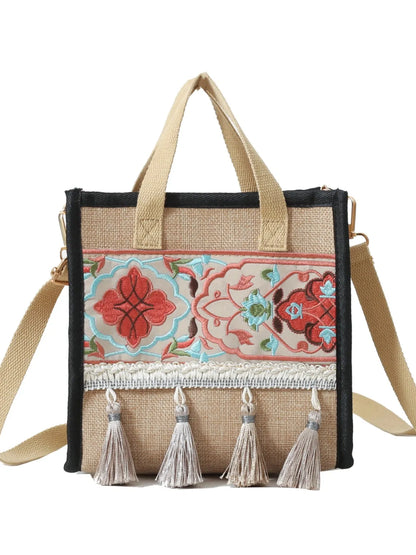 Vintage Embroidered Tassel Handbag with Canvas Strap - Premium handbags from Trendsi - Just $18.99! Shop now at Handbags Specialist Headquarter