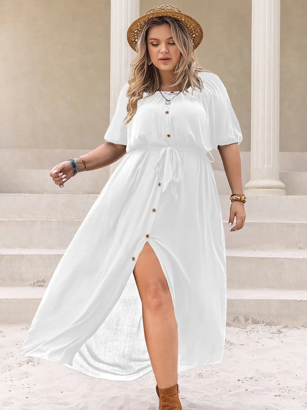 Plus Size Round Neck Half Sleeve Dress - Premium Dresses from Trendsi - Just $45.99! Shop now at Handbags Specialist Headquarter