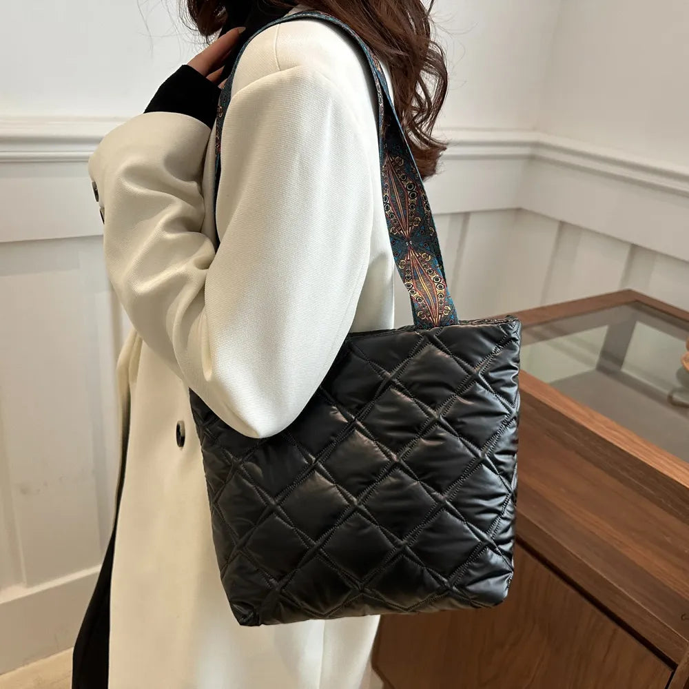 PU Leather Printed Strap Quilted Handbag - Premium Tote Bag from Trendsi - Just $27.99! Shop now at Handbags Specialist Headquarter