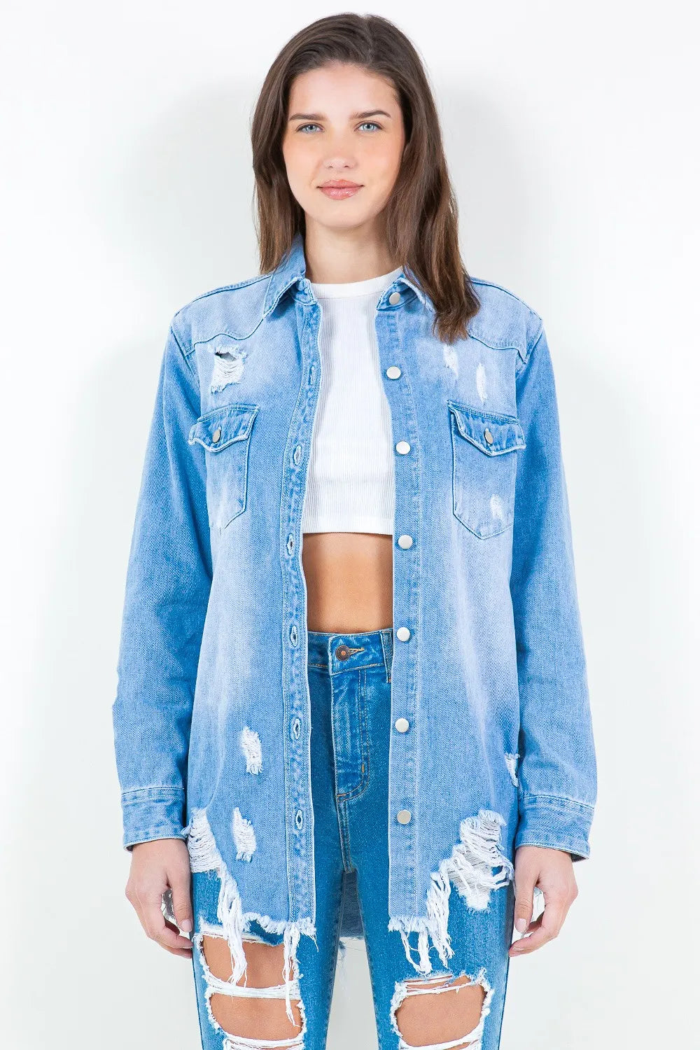 American Bazi Frayed Hem Distressed Denim Shirt Jacket - Premium Women / Jeans & Denim from Trendsi - Just $56.24! Shop now at Handbags Specialist Headquarter