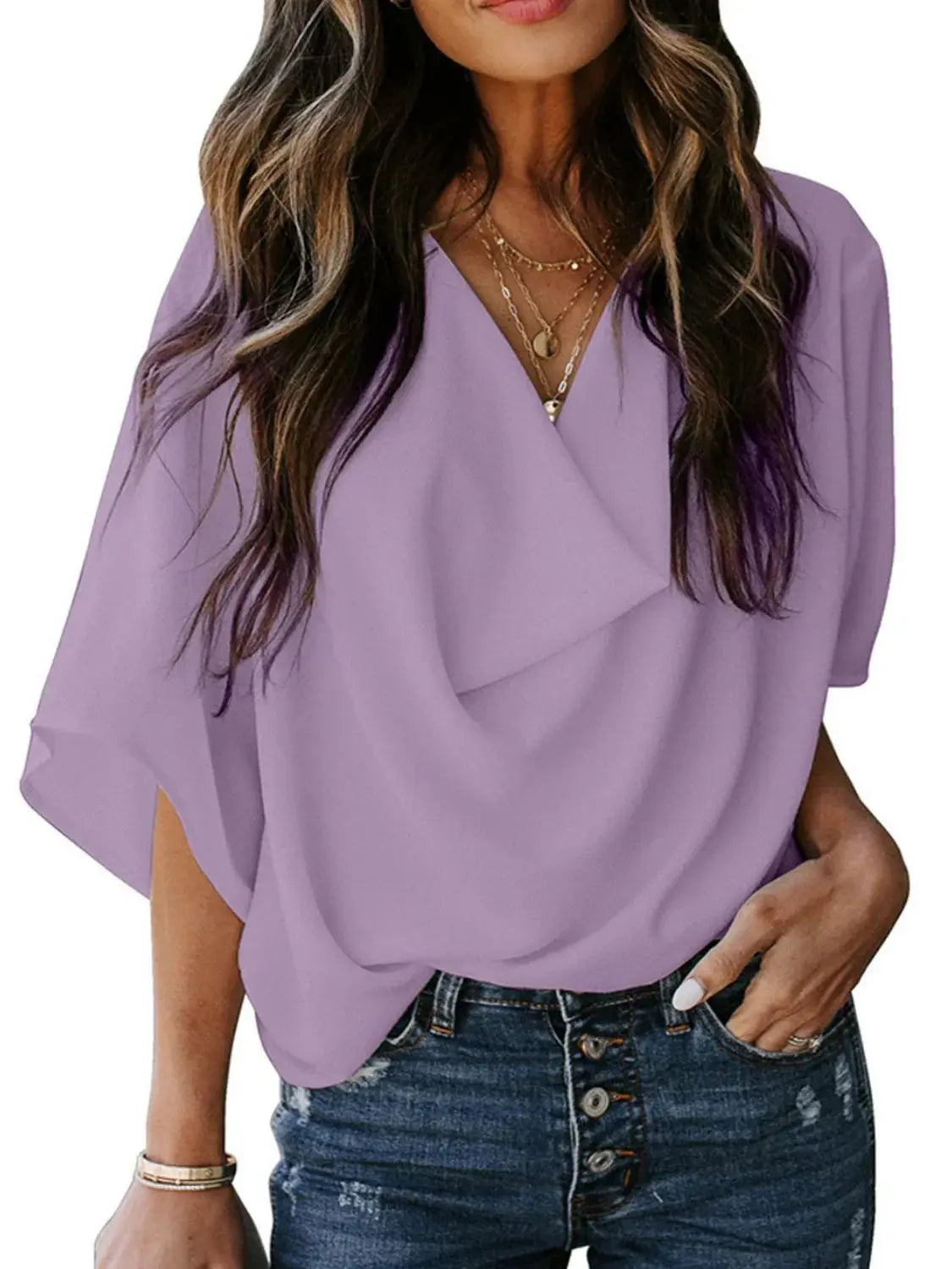Full Size Ruched Three-Quarter Sleeve Blouse Plus Size.