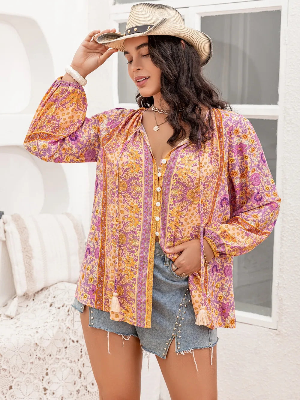 Plus Size Tie Neck Tassel Printed Blouse - Premium Plus Size Shirts from Trendsi - Just $30! Shop now at Handbags Specialist Headquarter
