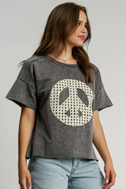 Umgee Full Size Mineral Wash T-Shirt with Lace Applique Plus Size.