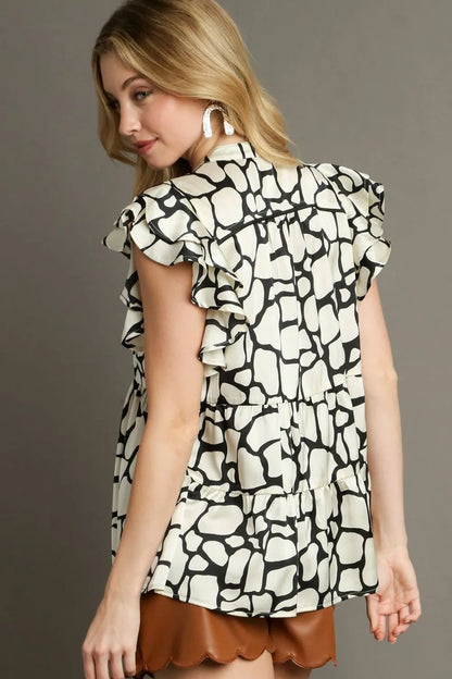 Umgee Full Size Two Tone Animal Print Notched Ruffle Cap Sleeve Blouse Plus Size - Premium Dresses from Trendsi - Just $46.99! Shop now at Handbags Specialist Headquarter