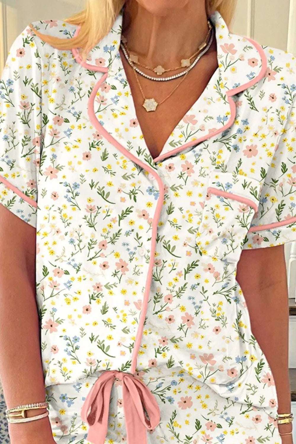 Printed Button Up Short Sleeve Top and Shorts Lounge Set - Premium Sleepwear from Trendsi - Just $48.99! Shop now at Handbags Specialist Headquarter