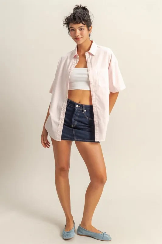 HYFVE Short Sleeve Button Down Oversized Shirt - Premium Women's Down Shirt Tops from Trendsi - Just $34.34! Shop now at Handbags Specialist Headquarter